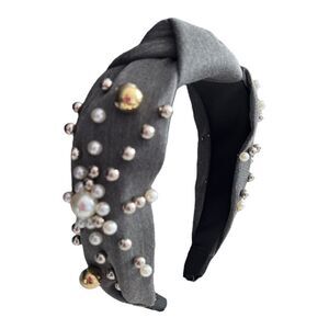 Cloth Headbands Tie For Women Top Knot Headband With Faux Pearls Denim.